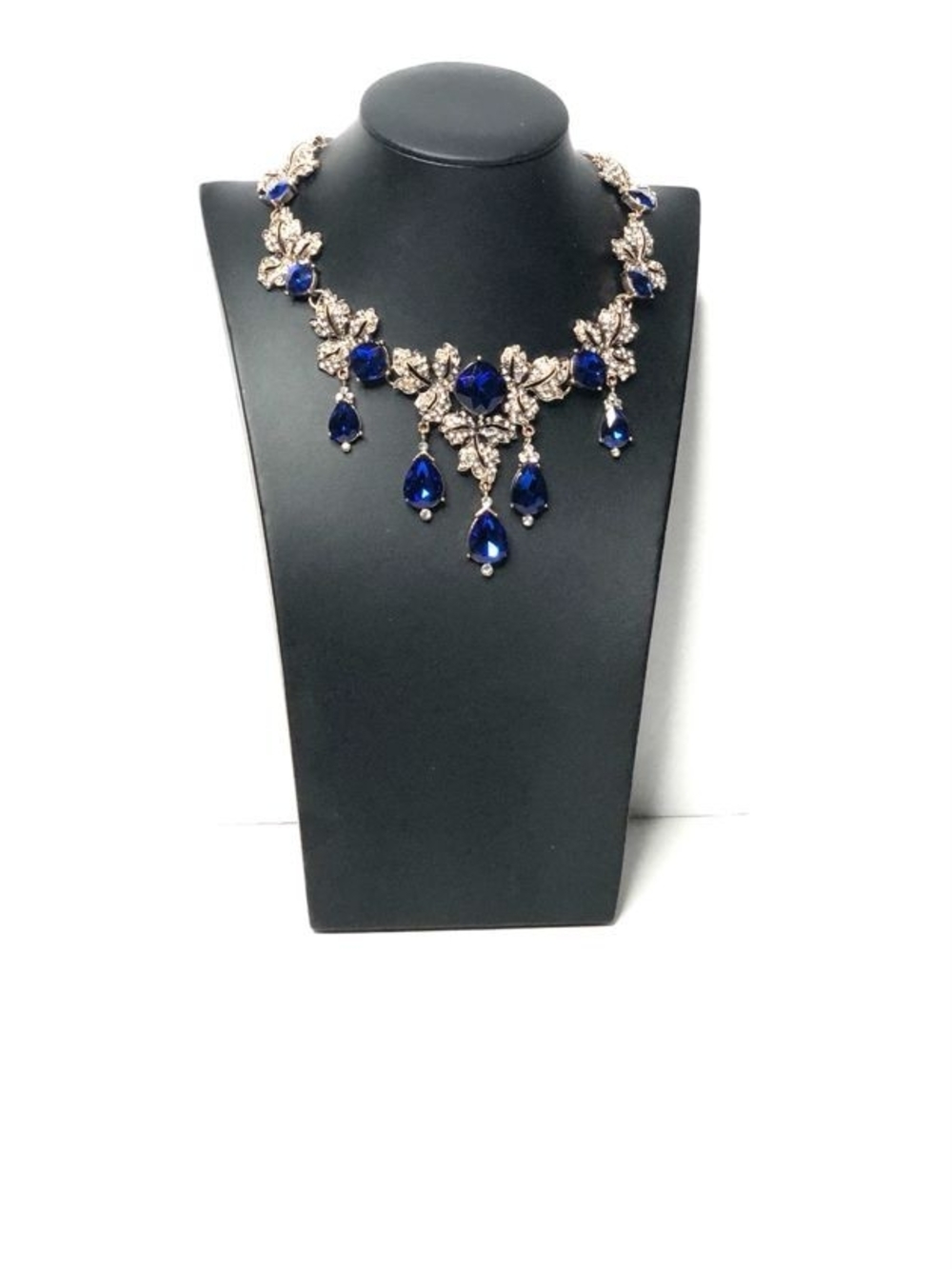 Crystal Floral Statement Necklace with Royal Blue Teardrop Stones